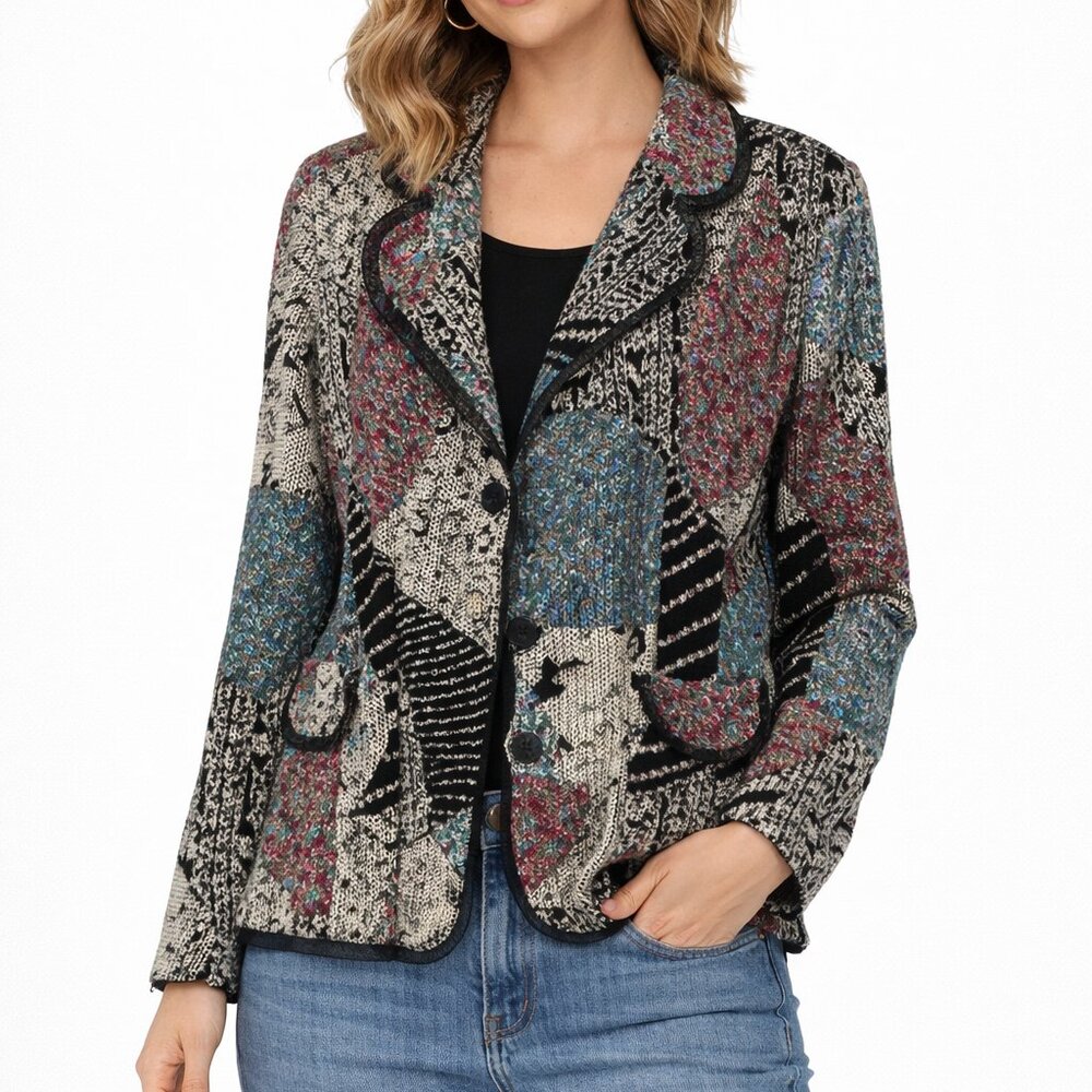 XL Abstract‎ Patchwork Knit Blazer Jacket Mesh Trim Multicolor Artsy